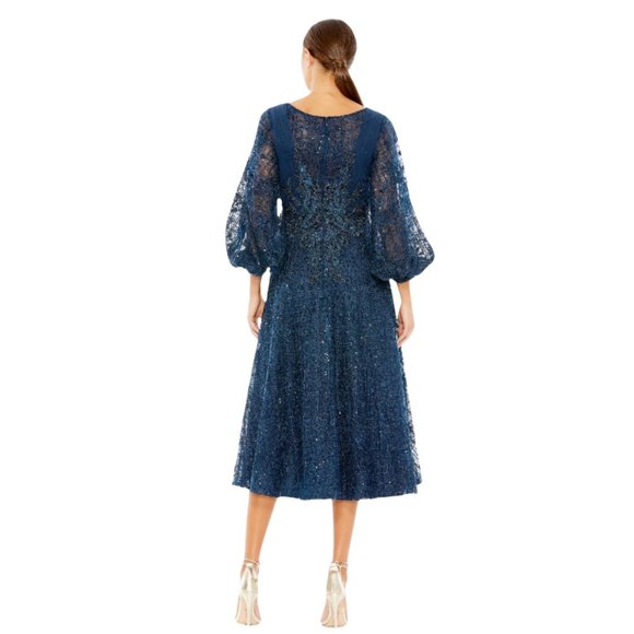 Mac Duggal 20391 Size 8 Dark Blue Floral V-Neck Long Bishop Sleeve Midi Dress - Picture 4 of 4